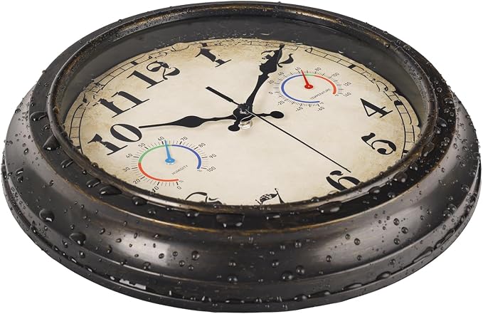 12 Inch Outdoor Clock with Thermometer and Hygrometer Combo, Waterproof Indoor Outdoor Wall Clocks for Patio, Pool,Garden Decor- Retro Bronze