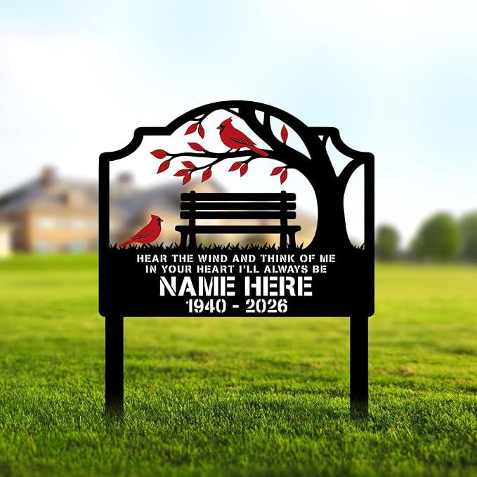 Personalized Cardinal Metal Garden Sign, Custom Outdoor Yard Decor, Memorial Gift for Mom, Garden Plaque Gifts for Memorial, Remembrance loss loved Ones Grave Marker