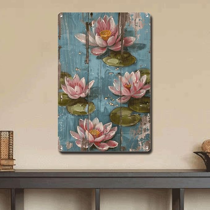 Metal Sign Tin Sign Vintage Wall Art Vintage Tranquil Water Lilies Tin Sign for Shabby Chic Interiors Rustic Elegance and Corrosion Re Bathroom Decor for Restaurant 8×12 Inches
