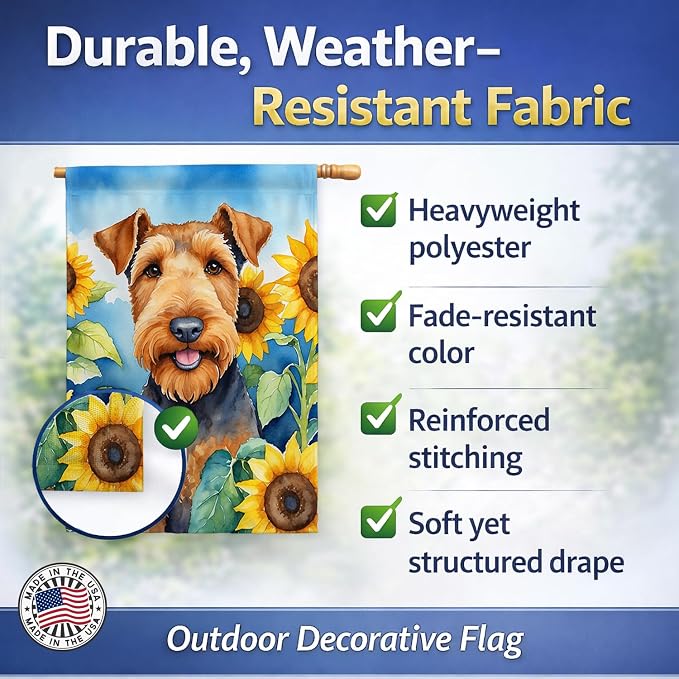 Caroline's Treasures DAC6002CHF Airedale Terrier in Sunflowers House Flag Large Porch Sleeve Pole Decorative Outside Yard Banner Artwork Wall Hanging, Polyester, House Size, Multicolor