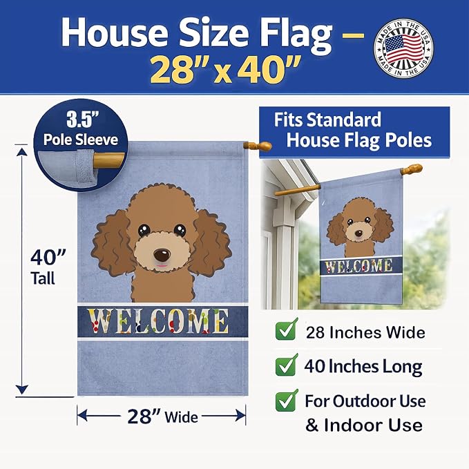Caroline's Treasures BB1442CHF Chocolate Brown Poodle Welcome House Flag, Blue Large Porch Sleeve Pole Decorative Outside Yard Banner Artwork Wall Hanging, Polyester, House Size, Multicolor