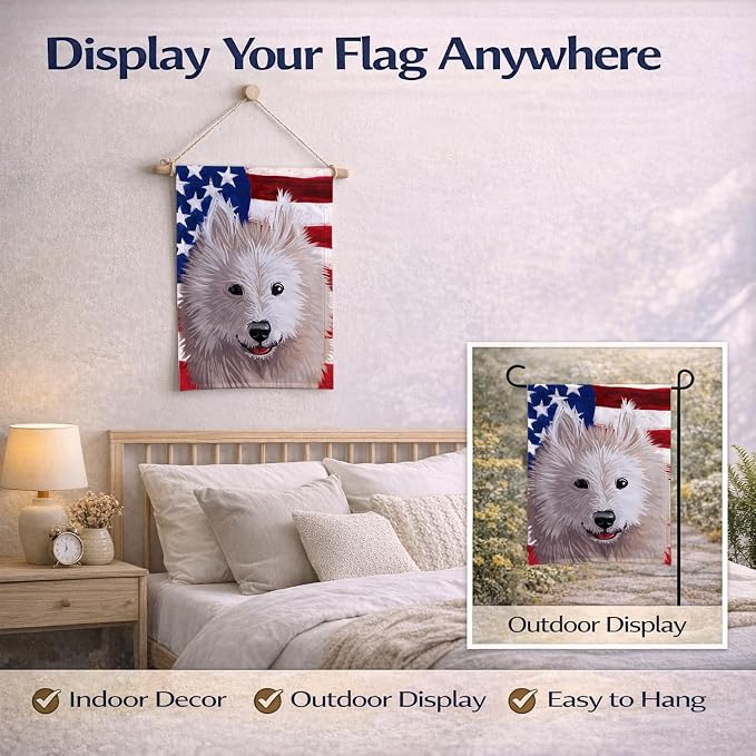 Caroline's Treasures CK6687GF Samoyed Dog American Flag Garden Flag Mailbox Flag Decorative Yard Flag Banner Outside Patio Artwork Yard Flower Beds, Garden Size, Multicolor