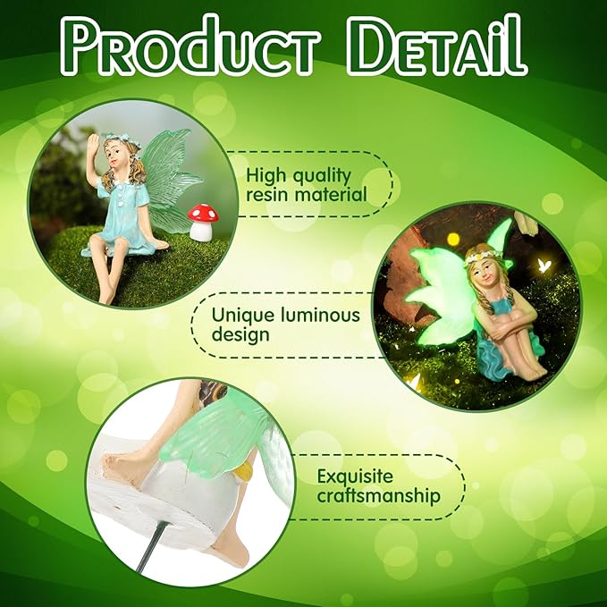 RattanView 6 Pcs Luminous Fairy Figurines Miniatures Resin Fairies Figurines Garden Accessories Small Vintage Luminous Fairy Statues for Outdoor Yard Garden Home Decorations