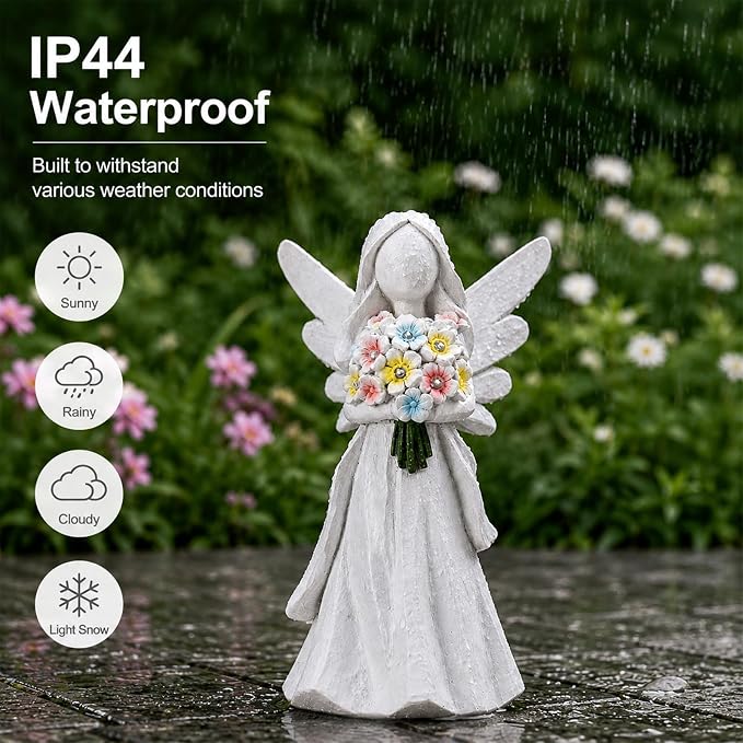 Solar Angel Statue with Bouquet LED Light Garden Decor | Hand-held flower bouquet design, solar powered LED auto-on at dusk, gifts for mom grandma, for patio yard lawn porch