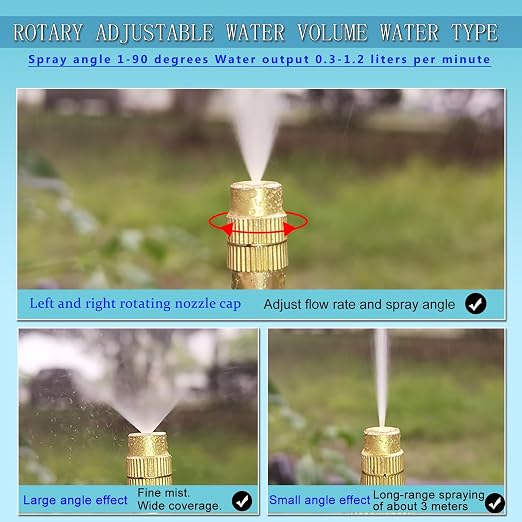 65Ft 1/2'' Greenhouse Drip Irrigation Kit Automatic Irrigation System 360° Adjustable 20 Brass Spray Nozzles Irrigation Tubing Hose Patio Misting Plant Watering with Blank Distribution Tubing Hose