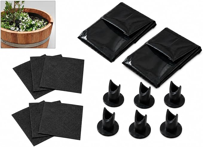 Half Barrel Planter Liner Kit (2 Pack) – Wine & Whiskey Barrel Planter Liner Bags with Drain Tubes & Mesh – Heavy-Duty 100 Micron Plastic Liners for 25-29 in Diameter Half Barrel Planters (2)