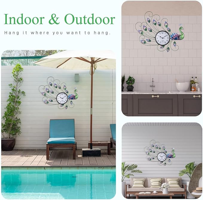 Unique Outdoor Clock Silent None-Ticking, Outdoor Wall Clock with Thermometer, Waterproof Outside Clock for Patio, Living Room, Kitchen (Green & Blue)
