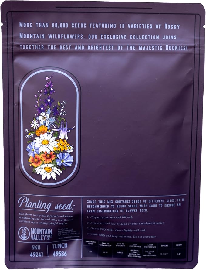 Mountain Valley Seed Co Wildflower Seed - Rocky Mountain Mix 2 oz Non-GMO | 80,000 Seeds – 18 Varieties – Bulk Pollinator-Friendly Blend for Planting