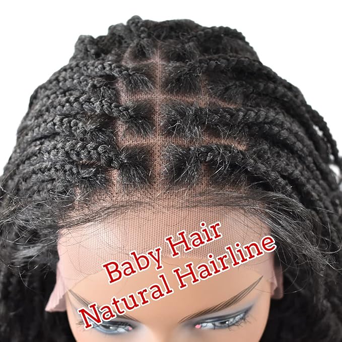 Lace Braids Wig For Black Women Box Braided Wigs Curly Swiss Lace Front Braid Wigs Hand Tied Micro Twist Braiding Wig Knotless Synthetic Braids Wig With Baby Hair (LL602483C, #1B)