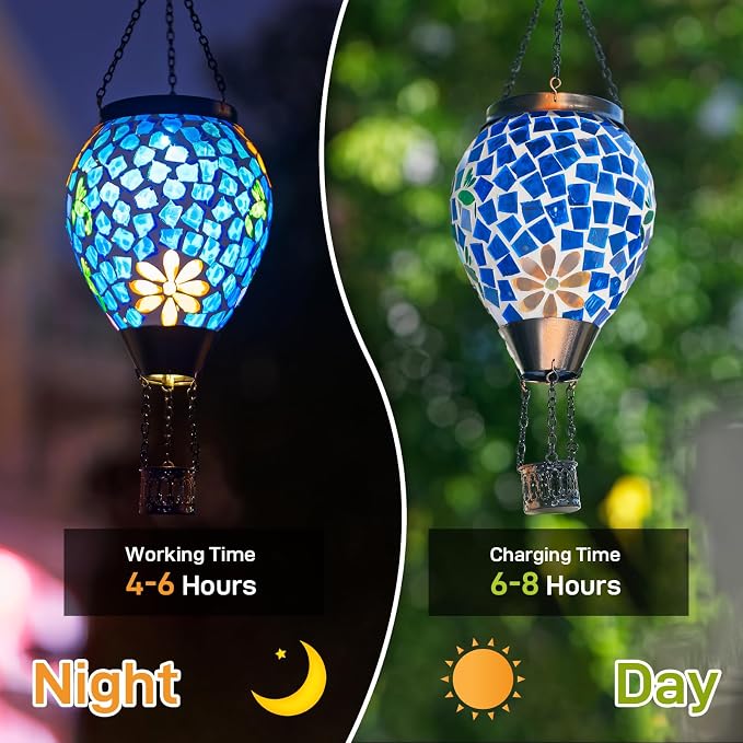 Hummingbird Solar Hot Air Balloon Lantern with Flame, Blue Hanging Mosaic Solar Lantern Outdoor Waterproof, Outdoor Solar Lights for Yard Gardening Gift for Mom Grandma Women