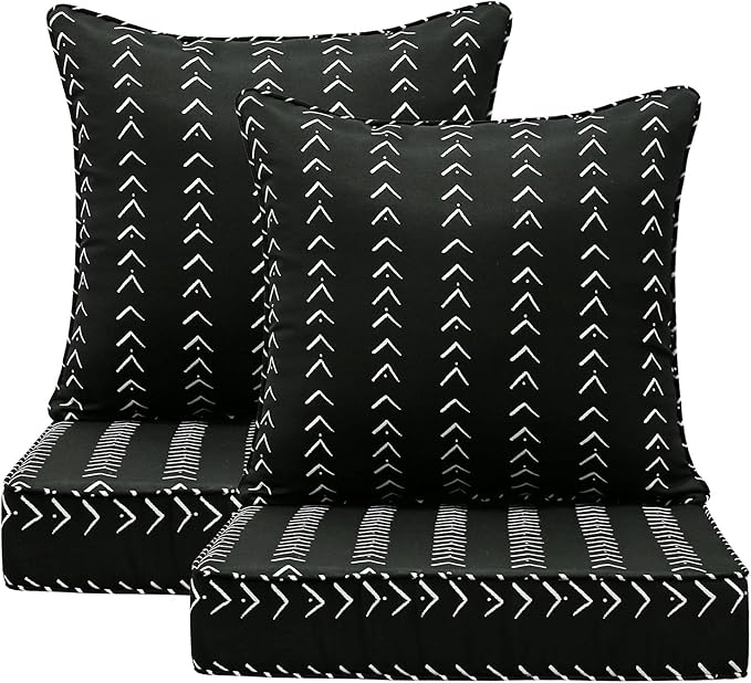 Outdoor Deep Seat & Back Cushion Set (2-Pack), 24 x 24 Inch Water Repellent and Fade Resistant Patio Furniture with Removable Cover for Outside Sofa Couch, Noir Trace