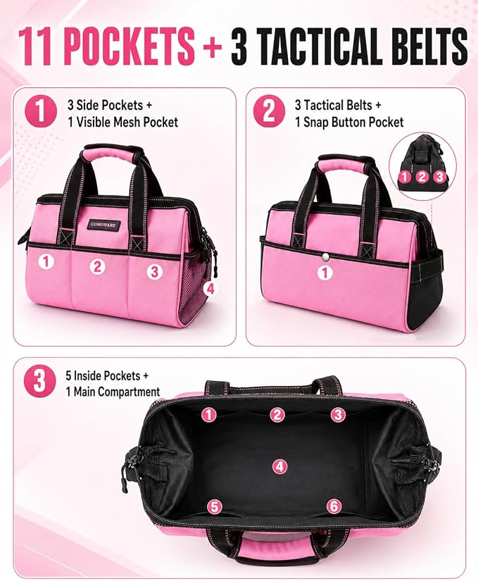 COMOWARE 13-Inch Tool Bag, Pink Soft Storage Bags with Inside Pockets, Wide Mouth Pink Tool Tote Bag
