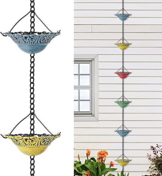 Tfro & Cile Rain Chain Gutter Downspout Colorful Catcher Outside Water Diverter Decorative Garden Rain Cups Chime Home Decor - 8 1/2 Ft Length
