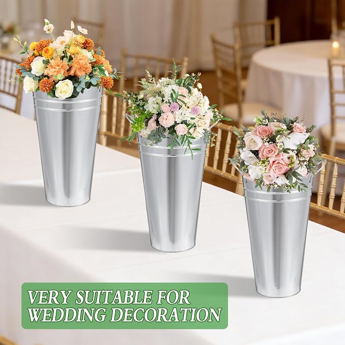 Flower Bucket for Flower Bar, 6 Pcs 10.2 Inch Metal Vases with Handles, Leak-Proof Galvanized French Buckets for Wedding Centerpieces, Farmhouse Party & Rustic Home Decor