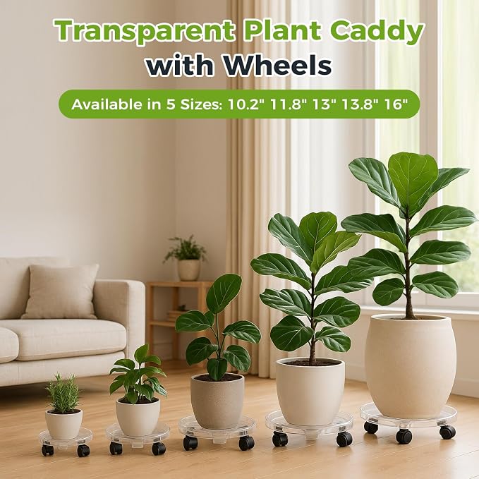 4 Packs 16 Inches Extra-large Clear Plant Caddy Plant Saucers on Wheels Rolling Plant Stands Heavy-duty Plant Dolly Plastic Planter Roller Base Pot Movers Outdoor Plant Tray Coaster
