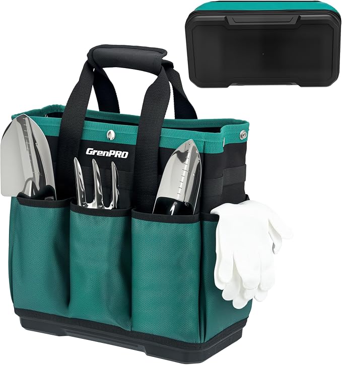 GrenPRO Garden Tool Bag Molded Bottom, Heavy Duty Tool Tote Toolbox with 10 Pockets, Reinforced & Top Snap Closure for Gardening Tools Storage, Dark Green(Tools Not Included)