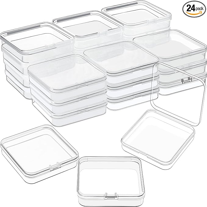 SATINIOR 24 Packs Small Clear Plastic Beads Storage Containers Box with Hinged Lid for Storage of Small Items, Crafts, Jewelry, Hardware(2.8 x 2.8 x 0.67 in)