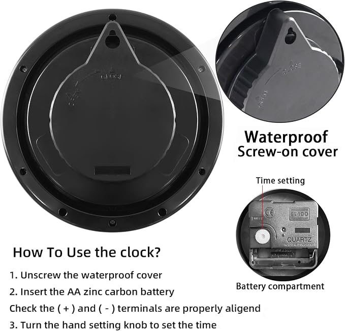 Caysie 6.5 Inch Sealed Small Indoor Outdoor Clock Waterproof, Hanging or Standing Silent Battery Operated Wall Clocks for Pool Patio Bathroom Shower (Black)