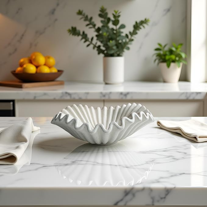 Large Decorative Handmade Bowl Decor, Modern Home Decoration, Fan Shaped Bowl, Ruffle Decor, Stylish Key Bowl for Entry Table, Decorative Fruit Bowl for Kitchen Counter, Light Gray
