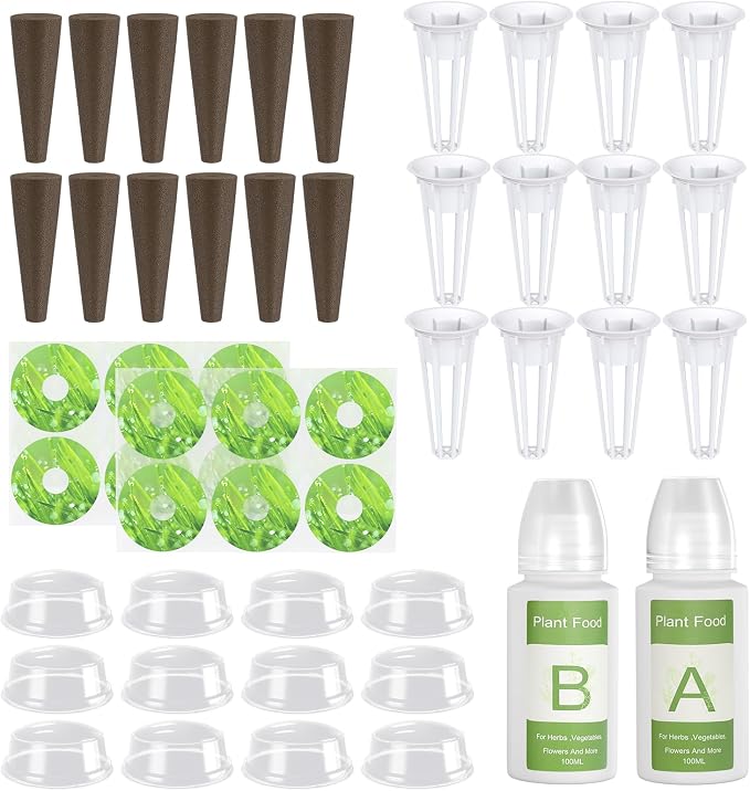 owltron 50 Pcs Hydroponic Seed Pods Kits, Grow Anything Kit Pod for Indoor Herb Garden with 12 Sponges, 2 A&B Nutrient Plant Food, 12 Baskets, 12 Stickers, 12 Germination Domes（Round)