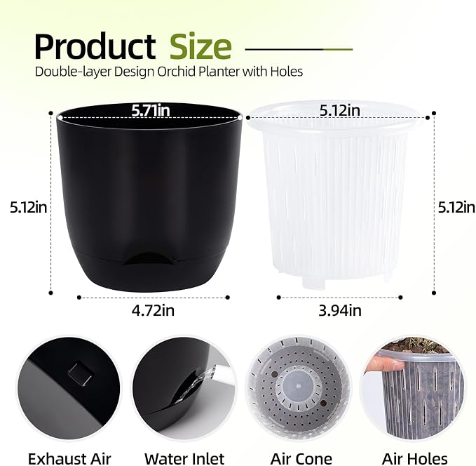 QCQHDU 5.7Inch Orchid Pots with Holes for Repotting, Double-Layer Plastic Self Watering Flower Pots for Indoor Plants with Drainage Holes, Clear Orchid Pot Match Decorative Orchid Container, 1 Pack