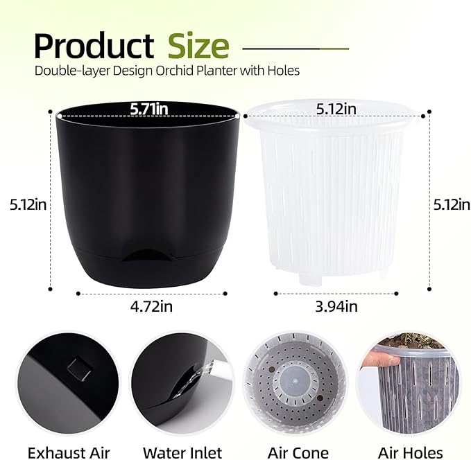 QCQHDU 2 Pack 5.7 Inch Orchid Pots with Holes for Repotting, Double-Layer and Self Watering Orchid Pot with Good Air Circulation