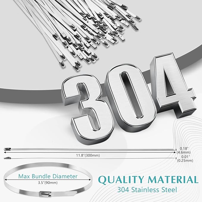 LEIFIDE 100 Pcs Metal Zip Ties 304 Stainless Steel Zip Ties Heavy Duty Self Locking 220 Pound Tensile Strength Cable Suitable for Exhaust Wrapping Fence Outdoor Workshop Canopy(11.8 Inch)