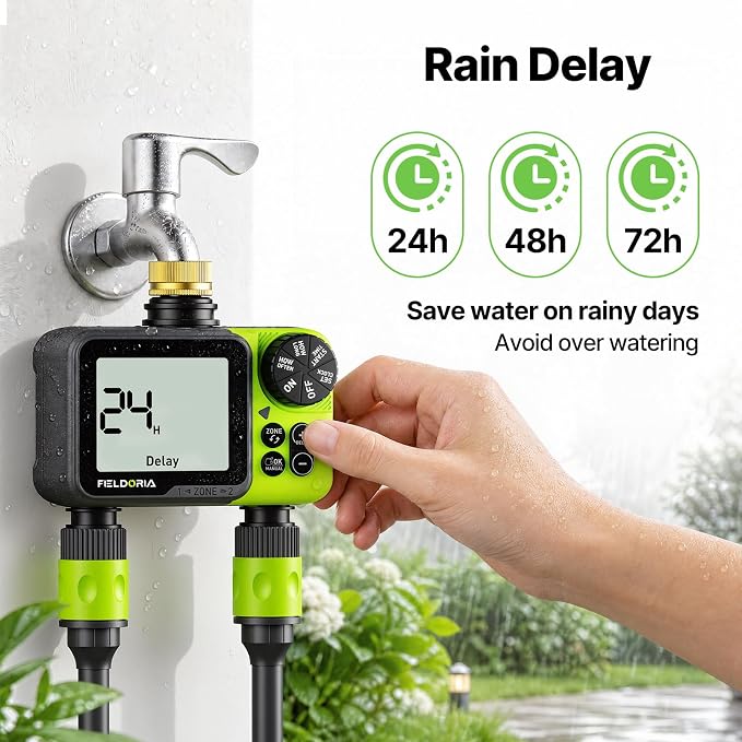 Sprinkler Timer, Programmable Brass Inlet Watering Timer for Garden Hose, Fit 3/4” US Faucet, Outdoor Soaker Auto Manual Hose Timer with Rain Delay, Drip Irrigation for Lawn Yard, 2 Outlets