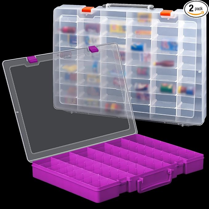 Juexica 2 Pcs Large 48 Grids Plastic Storage Bead Organizer Box, Tackle Box, Compartment Organizer Container with Adjustable Dividers for Jewelry Art Crafts Toys Screw Small Parts(Clear, Purple)