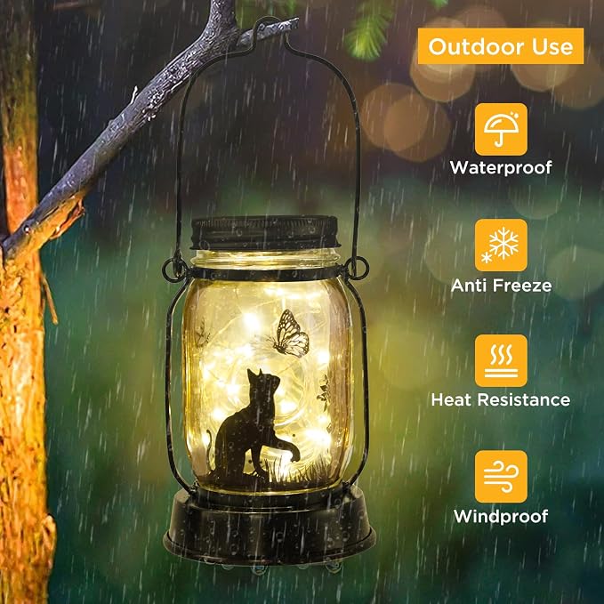 kyoryuger Cat Gifts Cat Lover Gifts for Women/Mom/Grandma/Sister, Birthday Gift, Cats Butterfly Solar Lights Outdoor Hanging Cat Solar Lanterns Outdoor Torche Lights, Decor for Yard Lawn Garden Patio