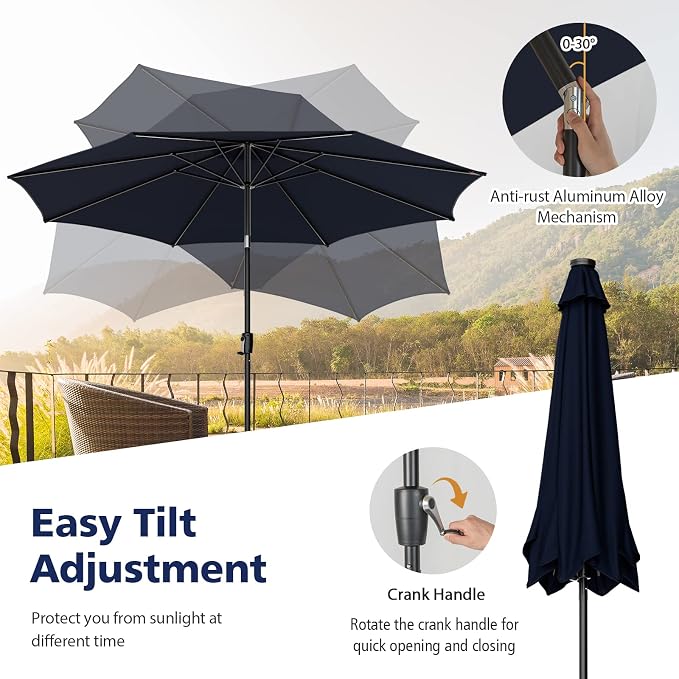 HAPPYGRILL 10 FT Solar Patio Umbrella with 112 LED Light, Outdoor Umbrella with Tilt Adjustment, Crank System, 8 Metal Ribs & Vented Top, Deck Table Market Umbrella for Garden Pool Deck Yard