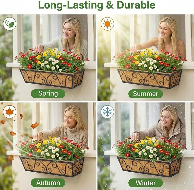 Y&M Outdoor Rectangular Window Box Planter, 24-Inch 2PCS Deck Railing Planter Boxes & Hanging Railing Planters with Coco Coir Liner, Rust-Resistant Steel, Large Capacity for Balcony, Porch, and Garden