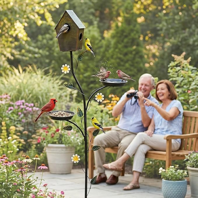 VINGLI 74.8" H Metal Bird Bath with Bird House, Outdoor Bird Bath with Stakes, 3-in-1 Bird Feeder for Patio, Garden, Yard, Lawn (Top-Fixed Bird House)