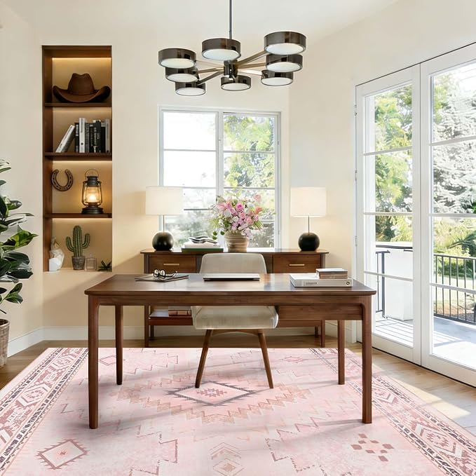 Yinhua Pink Rug for Bedroom, Western 5x7 Rugs for Living Room | Moroccan Washable Area Rug Low-Pile, Soft Aztec Rugs Non-Slip, Non-Shedding Carpet for Dining Table Office Nursery