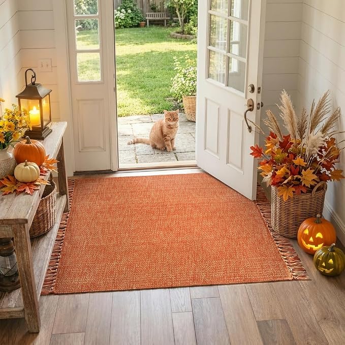 3' x 5' Fall Terracotta Indoor Outdoor Rug Farmhouse Entryway Rugs | Hand-Woven Washable Kitchen Rugs, Low-Profile Front Door Mat, Braided Throw Carpet for Bedside Nursery Porch Fall Decor
