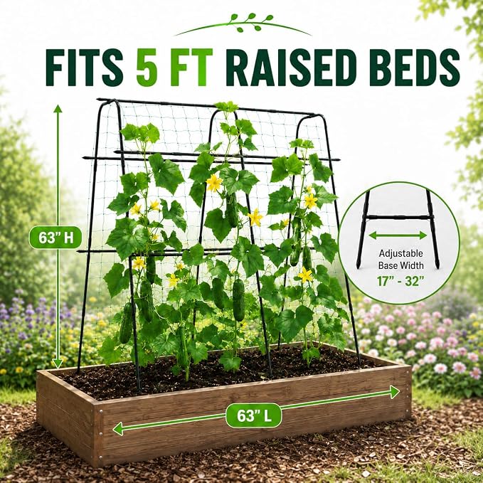 63x63 Cucumber Trellis for Raised Garden Bed, Garden Arch Trellis for Climbing Plants Outdoor, Metal Tomato Cage with Netting, Adjustable Plant Trellis for Tomatoes, Cucumbers, Beans, Peas,Black