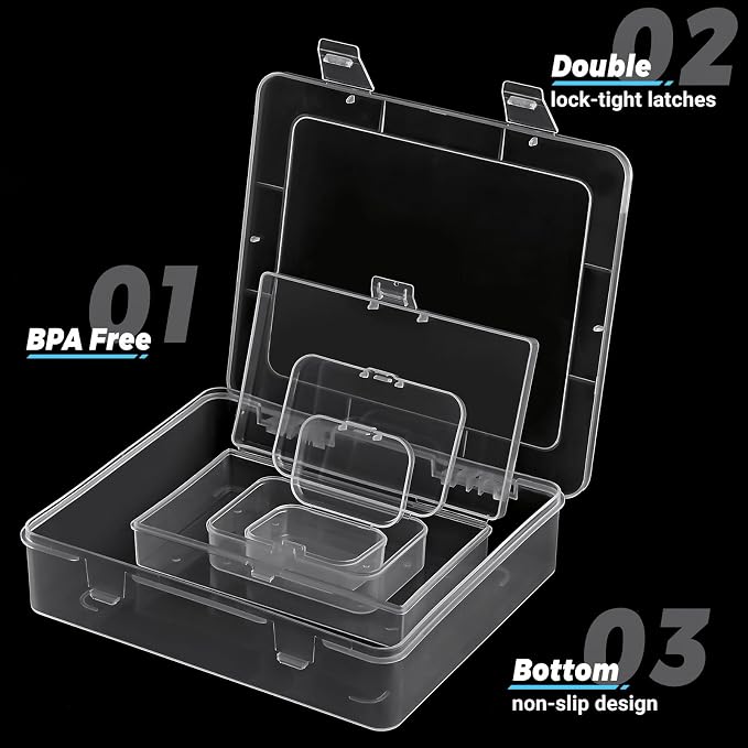 7 Pack Mixed Sizes Rectangular Mini Plastic Containers Clear Plastic Storage Boxes with Hinged Lids Empty Beads Organizers for Small Items Art Craft Jewelry Projects