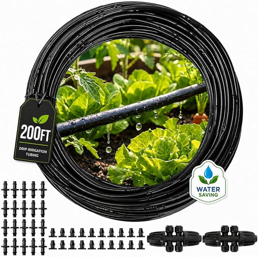 MIXC 1/4" Irrigation Dripline Tubing (200 Ft Roll), Saving 80% Water, 6" Emitter Spacing, 0.5 GPH Emitters Built-In Drip Irrigation Line with 1/4" Fittings Included, Black