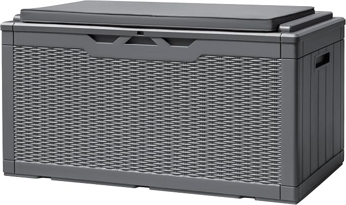 Devoko 100 Gallon Deck Box, Waterproof Resin Outdoor Storage Box with Cushion for Outside and Patio, Large Outdoor Storage Bench Cabinet Lockable for Patio Furniture and Garden Tools (Gray)