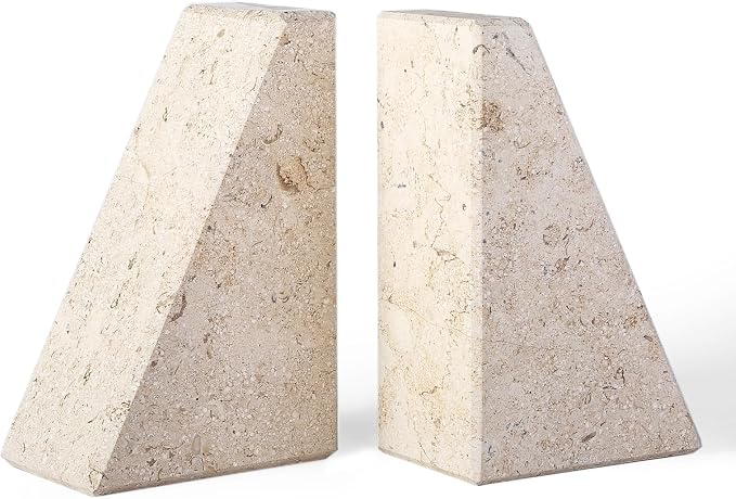Karibiber Marble Bookends for Heavy Books, Decorative Book Ends for Shelves, Beige Stone Durable and Heavy-Duty Book Ends for Hardback Books & CDS, Unique Book Stopper & Holder, Set of 2
