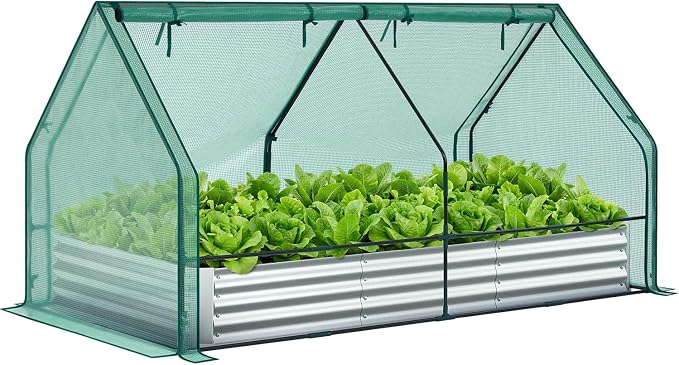 Ohuhu Raised Garden Bed with Cover Outdoor, 8x4x1 FT Galvanized Metal Planter Box with PE Greenhouse Cover, 4 Doors for Ventilation, 3-in-1 Gardening Set for Vegetable Flower Herb Succulent
