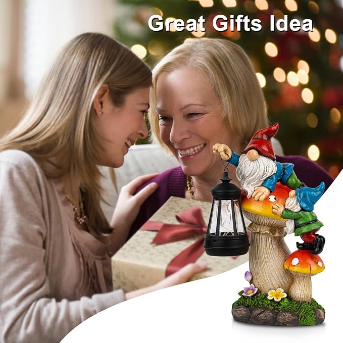 C&Y&G&X Solar Garden Gnome Statue with Lantern, Waterproof Mushroom Garden Decor, Resin Gnome Yard Art with Solar LED Lights for Outdoor Lawn Patio Porch, Gifts for Mom Grandma Garden Lovers