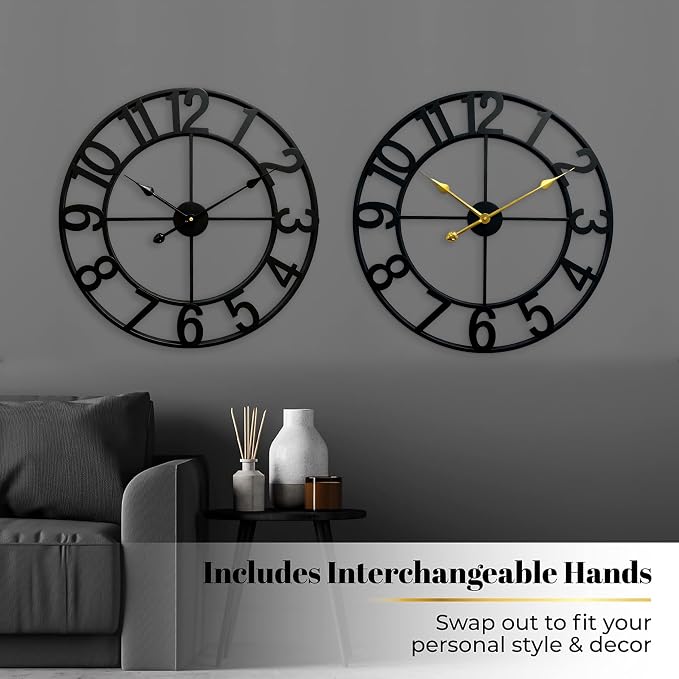 CLXEAST 24 Inch Wall Clocks for Living Room Decor, Large Black Metal Wall Clock Battery Operated, Silent/Non Ticking, Regular Arabic Numeral