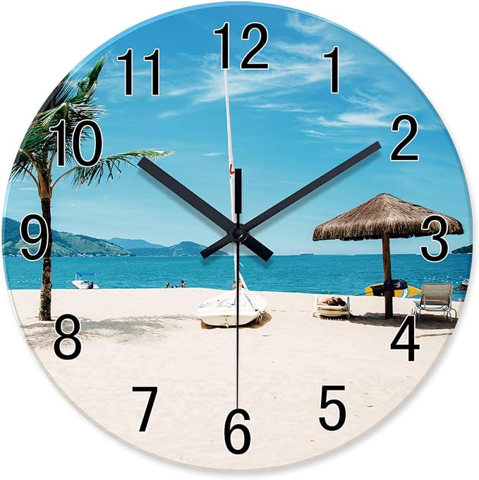 XFM Blue Beach Wall Clock 16 Inch Tropical Coastal | Silent Non Ticking Battery Operated Modern Glass Decorative for Living Room Bedroom Home Office Silent Non-Ticking