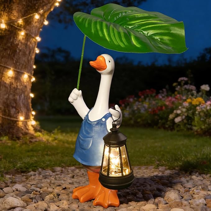 Goose Garden Statues Porch Goose Statue Holding Leaf with Solar Lantern Front Porch Yard Lawn Summer Outdoor Decorations Duck Unique Christmas Birthday Gifts for Mom Women