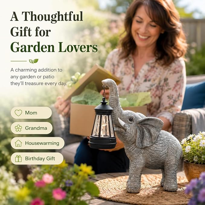 Candieslife Solar Garden Statue Lights Elephants Figurine with Solar Lantern, IP65 Waterproof Outdoor Yard Decorations for Patio Porch Yard Lawn,Home,Garden Gifts for Mom Grandma Women