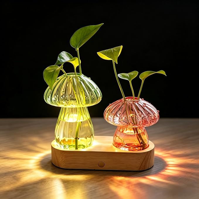 LED Mushroom Glass Propagation Vase with Wooden Base, Hydroponic Plant Holder, Ambient Night Light for Desk, Bedroom & Living Room, Cute Home Decor Gift for Plant Lovers