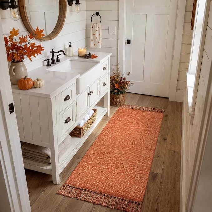 Fall Bathroom Rug 2' x 5', Terracotta Washable Kitchen Runner Rugs | Hand-Woven Entryway Rugs Runners for Hallway, Modern Farmhouse Laundry Carpet, Indoor Front Door Mat for Bedroom, Fall Decor