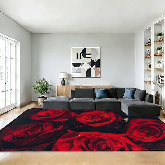 Red Rose 5x7 Area Rug,Retro Romantic Rose Flower Washable Carpet Non Slip Mat Low Pile Large Rugs for Living Room,Bedroom,Farmhouse,Dining Room,Kids Playroom,Kitchen Indoor