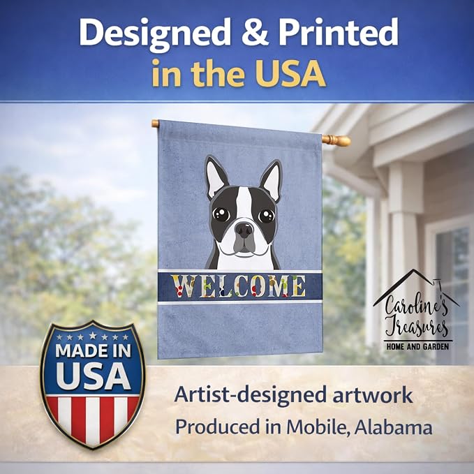 Caroline's Treasures BB1389CHF Boston Terrier Welcome House Flag, Blue Large Porch Sleeve Pole Decorative Outside Yard Banner Artwork Wall Hanging, Polyester, House Size, Multicolor